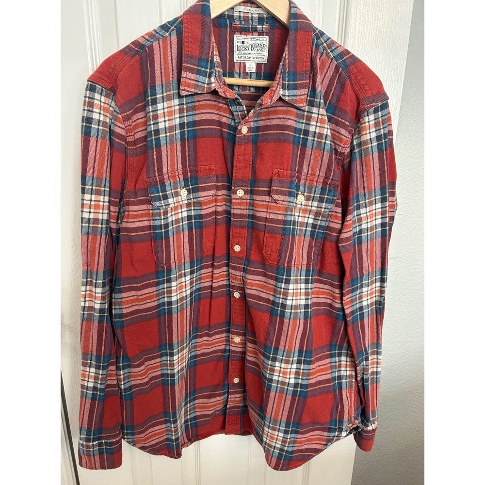 Lucky Brand Saturday Stretch Plaid Flannel Shirt Mens Large Red Blue Classic Fit
